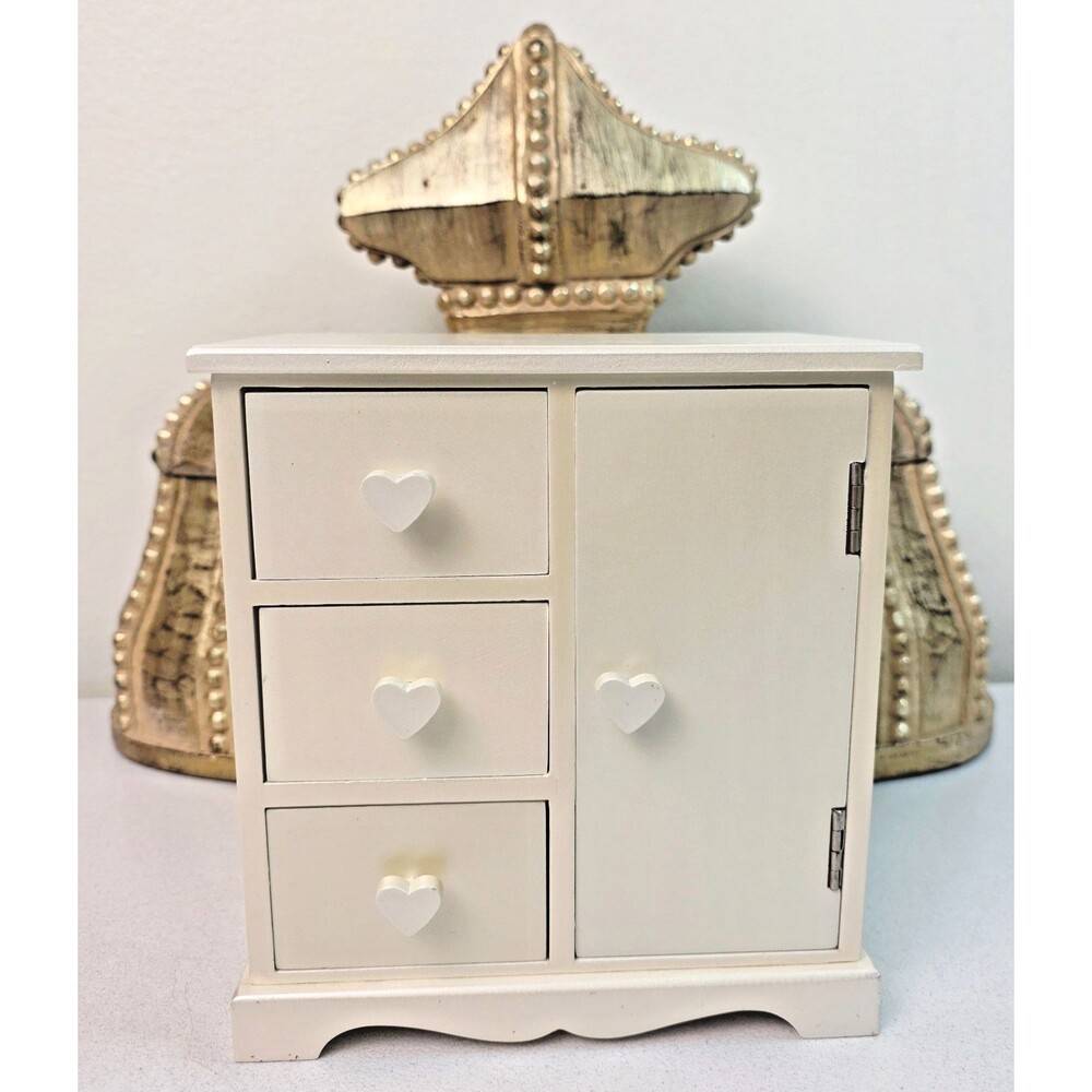 Vintage Miniature Light Yellow Satin Finish Armoire Jewelry Box with Heart Knobs